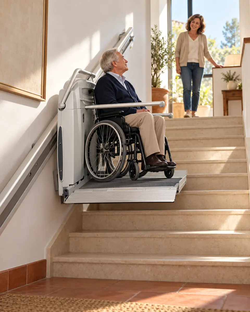 Salvaescaleras en Las Rozas: plataforma subiendo la escalera de un chalet con un hombre mayor en su silla de ruedas